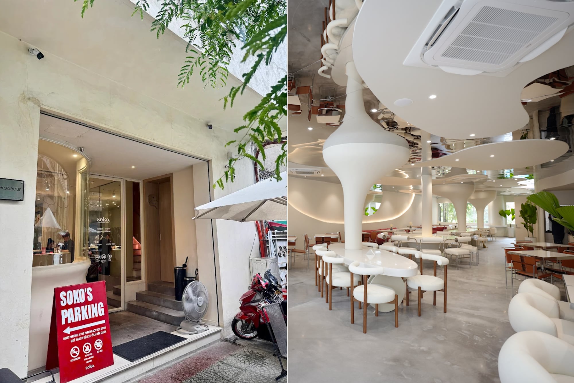 The white tones at SOKO Cake Bake & Brunch give the space a modern, soft, and soothing feel